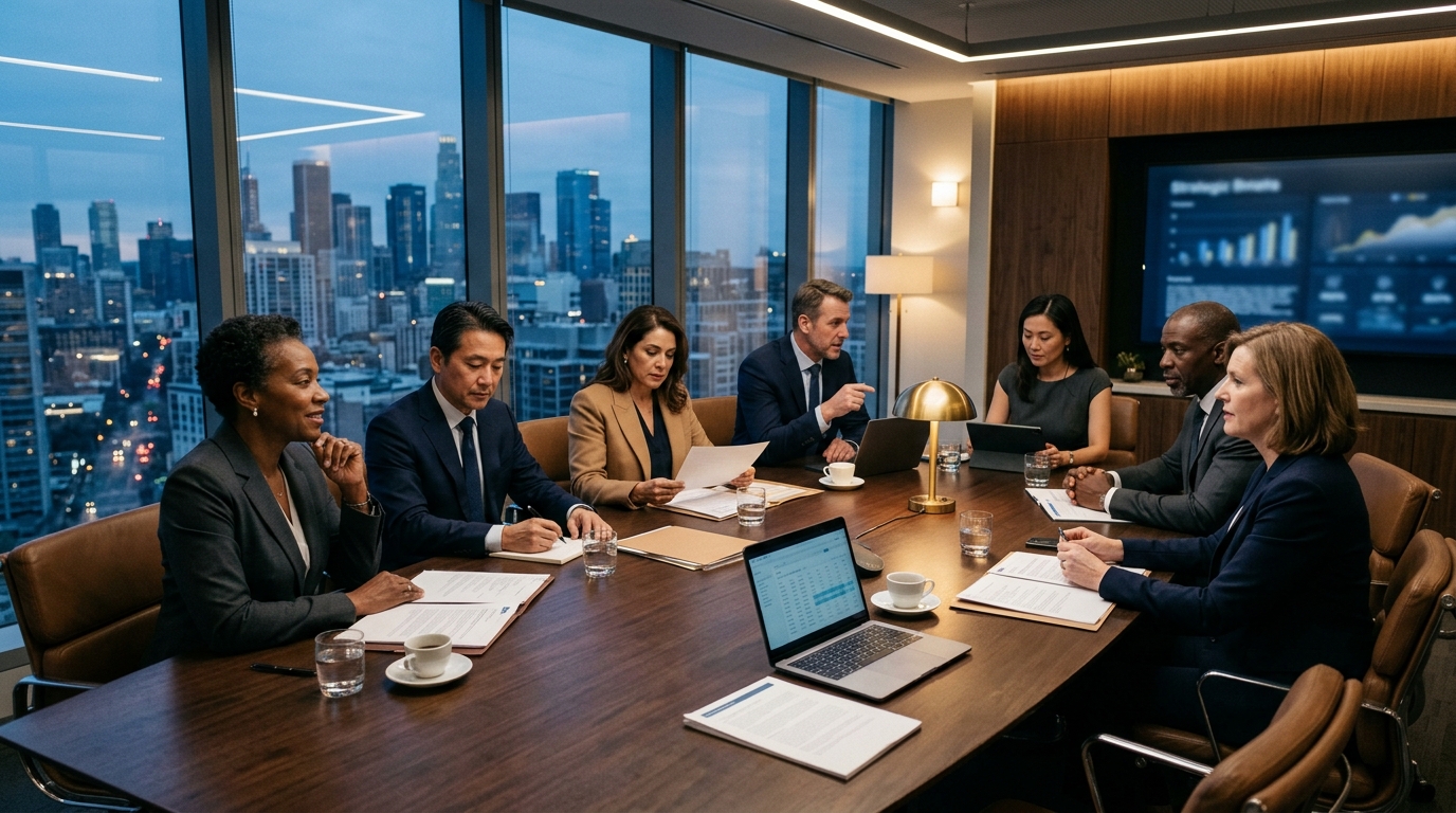 Diverse executive committee and senior advisory partners in strategic deliberation around a conference table overlooking an evening skyline.